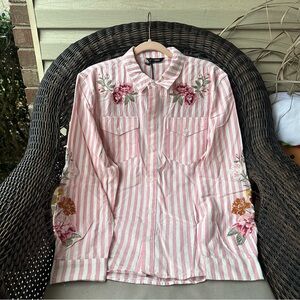 Driftwood Button Down Embroidered Pink Stripe Blouse XL